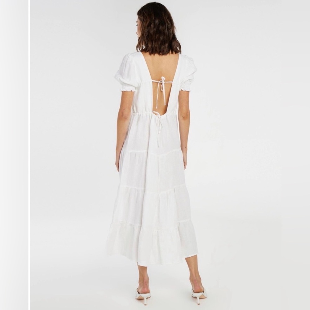 AERE Double Tie Back Short Sleeve Tier 100% Linen White Midi Dress Size 8 - Picture 3 of 11